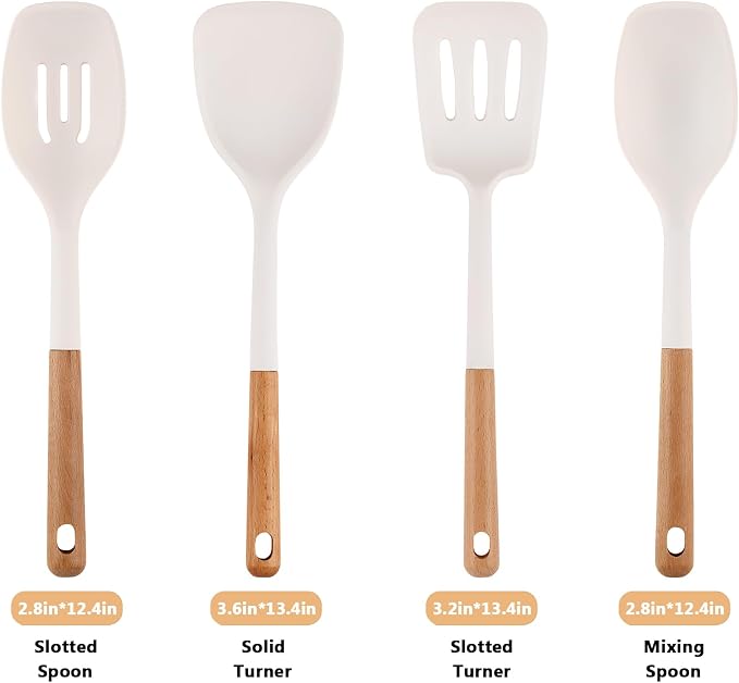 Silicone Kitchen Utensils Set of 4, Large Non-Stick Cooking Utensil Set w Wooden Handle Food Grade Heat Resistance Turner Spoon Silicone Cooking Kitchen Gadgets BPA Free for Nonstick Cookware - Image 3