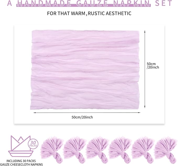 Teruntrue 30 Pack Lilac Cloth Napkins Cheesecloth Napkins Set of 30 Gauze Napkins Bulk Washable Boho Dinner Table Napkins Wedding Party Baby Shower Birthday Party Decorations，20 x 20 Inch - Image 2