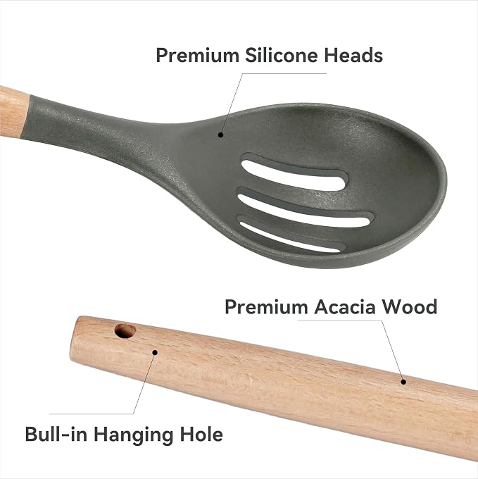 Non-Stick Silicone Cooking Utensils Set, 5 Pcs with Wooden Handle, Heat Resistant Silicone Kitchen Gadgets (Gray) - Image 6