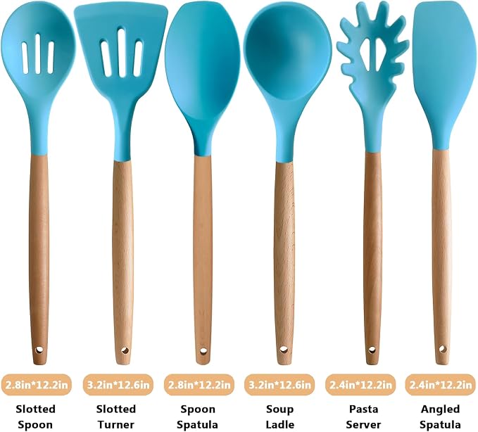 Kitchen Utensils Set 6-Piece Non-Stick Silicone Cooking Utensils Set, Wood Handle Heat Resistant Spatula Spoon Turner Ladle Pasta Server Cooking Kitchen Gadgets BPA Free for Nonstick Cookware - Image 3