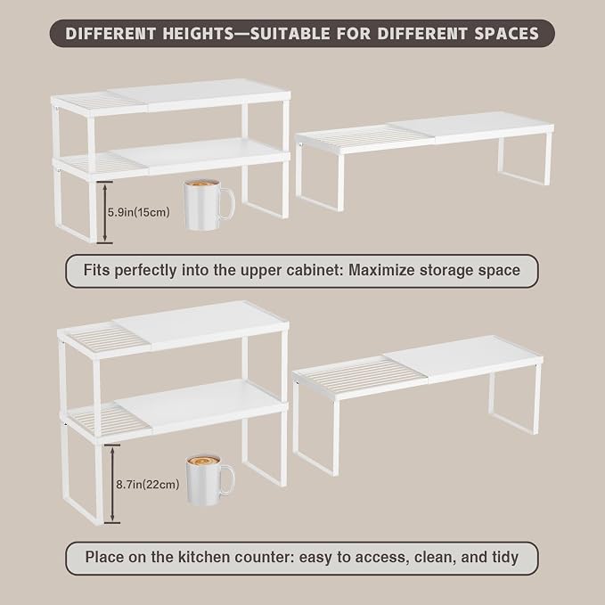 Magheo Expandable Cabinet Shelf Organizer, 2 Pack Stackable Kitchen Counter Shelf Riser, Metal Spice Rack Heavy Duty Countertop Organizer Storage for Kitchen, Pantry, Cupboard, Rv (5.9in Height,White) - Image 9