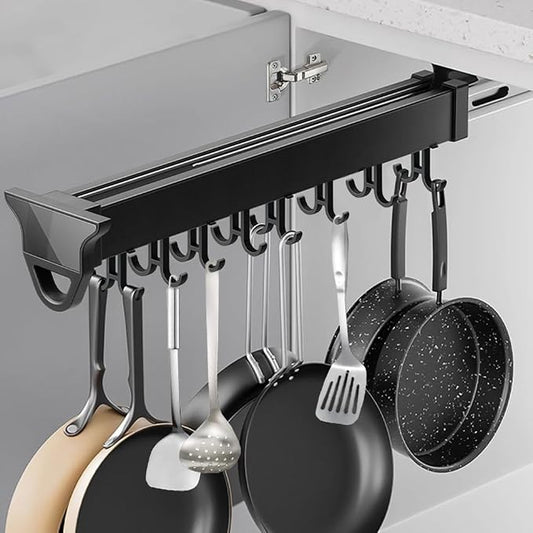 22" Hanging Pot Racks for Kitchen, Pull Out Pot Organizer Rack | with 16 Hook, Pot and Pan Organizer for Under Cabinet, Metal Pot and Pan Hanging Rack, Aluminum Alloy Full-Extension Rail by jvsufuik