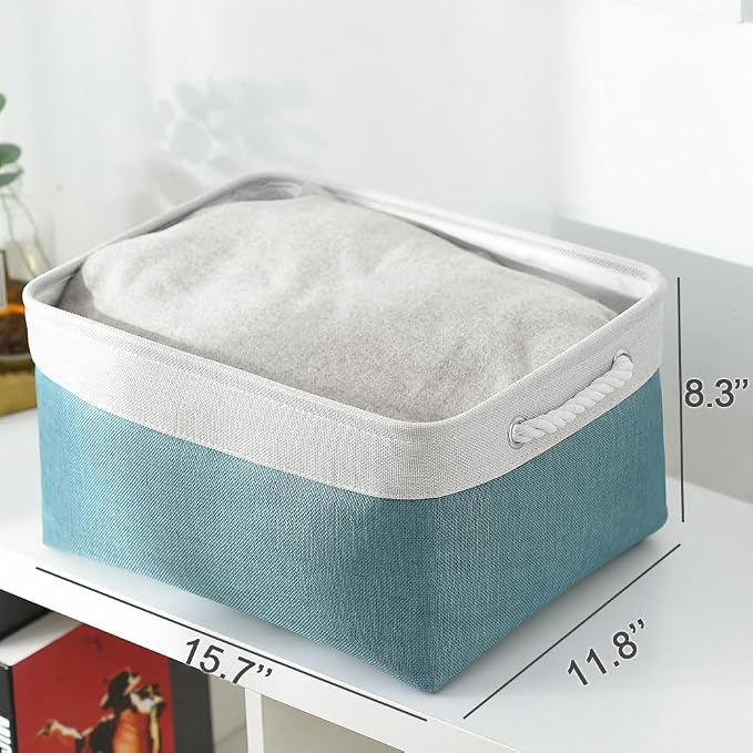 Fabric Storage Bin with Handles,Storage Basket for Home Storage and Organization, Shelf Basket with Cover for Living Room Bedroom Closet（White & Green Large,15.7L*11.8W*8.3H - Image 7