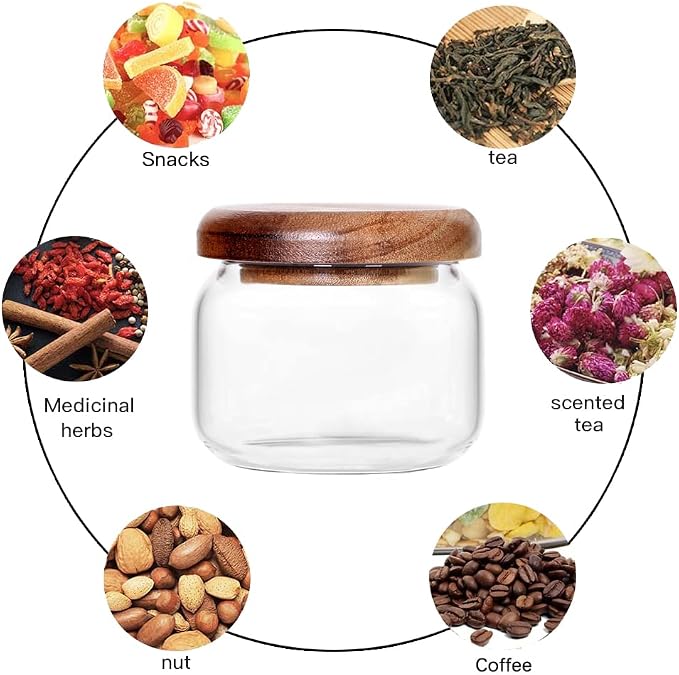 SAIOOL Kitchen Canisters Set of 6-8.5oz Glass Spice Jars With Acacia Airtight Lid and Labels Round Spice Bottles for kitchen Seasoning Baby Food Kids Snacks Meal Prep Containers Candle | Acacia Airtight Lid, Labels Included, Round Spice Bottles, Meal P... - Image 4
