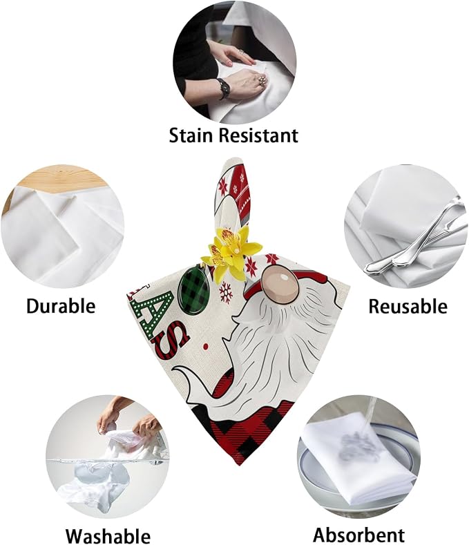 Christmas Cloth Napkins Set of 8, Xmas Gnomes Winter Snowflake Berry Botanical Rustic Dinner Napkins Cloth Washable, Cocktail Napkins Reusable for Wedding, Party, Birthday (20"x20") - Image 6