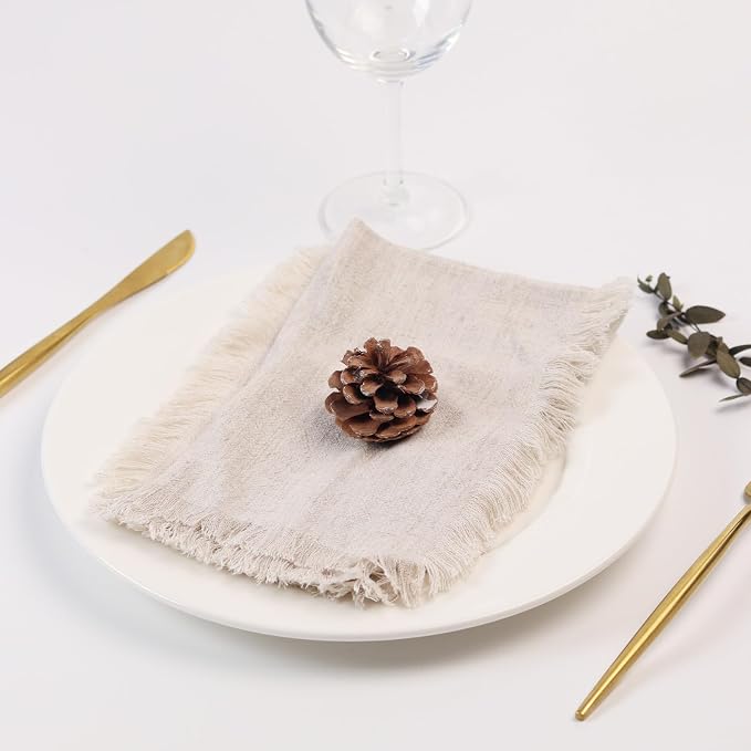 Handmade Cloth Napkins with Fringe,18 x 18 Inches Cotton Linen Napkins Set of 6 Versatile Handmade Square Rustic Fringe Napkins for Dinner, Wedding and Parties, Natural Linen - Image 5