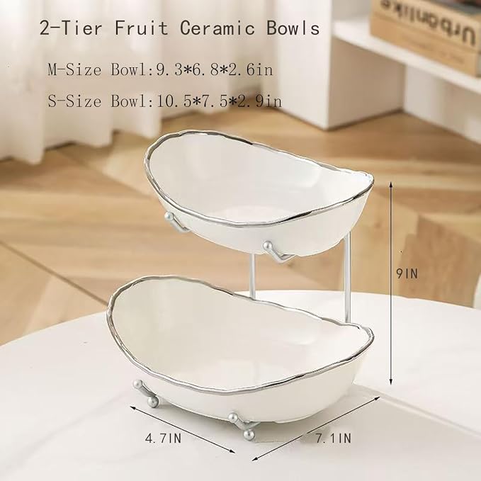 2-Tier Fruit Bowls for Kitchen Counter,Ceramic White Bowl with Silver Metal Stand,2 Tier Fruit Basket for Fruit,Snack,Cake,Nuts,Dessert Space Saving Storage - Image 2
