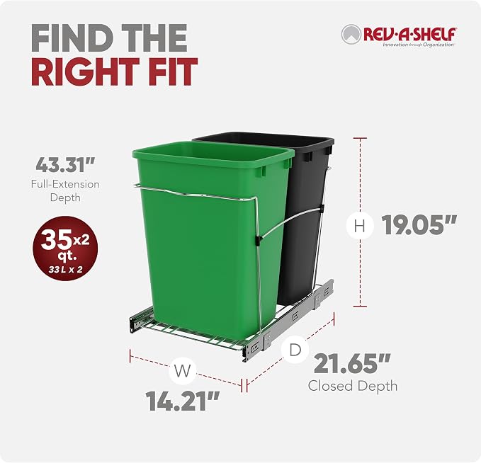 Rev-A-Shelf Double 35 Qt Pullout Trash Can for Base Kitchen Cabinets, Garbage Waste & Recycling Bin System with Full Extension Slides, Min Opening Width of 14.5", Green/Black, RV-18KD-1918C-S - Image 3