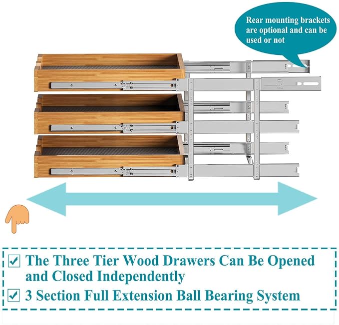 OCG Pull Out Drawer 14" W x 21" D, 3 Tier Pull Out Cabinet Organizer, Heavy-Duty Slide Out Drawer for Cabinets, Base Cabinet Organization for Kitchen, Pantry, Bathroom - Image 6
