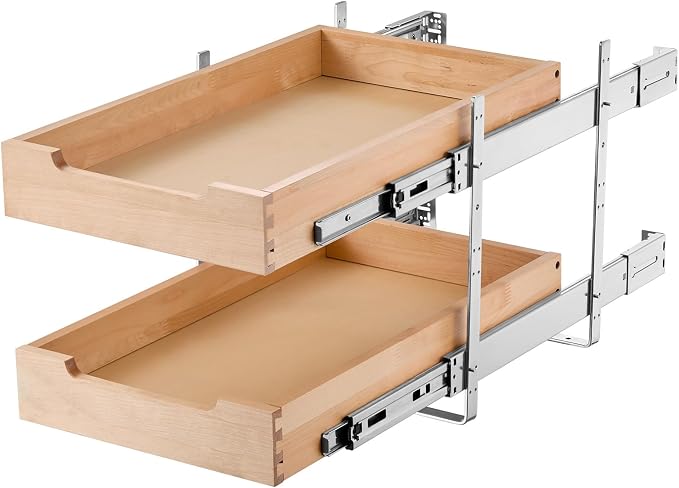VEVOR 2 Tier Pull Out Cabinet Organizer, 14" W x 21" D Cabinet Drawer, Soft Close Slide out Shelf, Heavy-Duty Sliding Wood Drawer, Adjustable Base Cabinet Organization for Kitchen Pantry Bathroom - Image 11