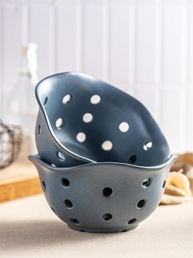 Gomakren Fruit Basket Set of 2, Ceramic Fruit Bowl Berry Basket with Holes, 7.6 Inch Fruit Containers Colander for Fridge - Farmhouse Kitchen Decor, Slate Blue - Image 5