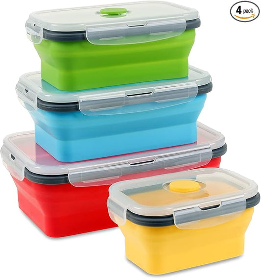 Collapsible Food Storage Containers with Airtight Lid, 4 Sizes, Annaklin Small and Large Stacking Silicone Collapsible Meal Prep Container Set for Leftover, Microwave Freezer Dishwasher Safe, Set of 4 by Annaklin
