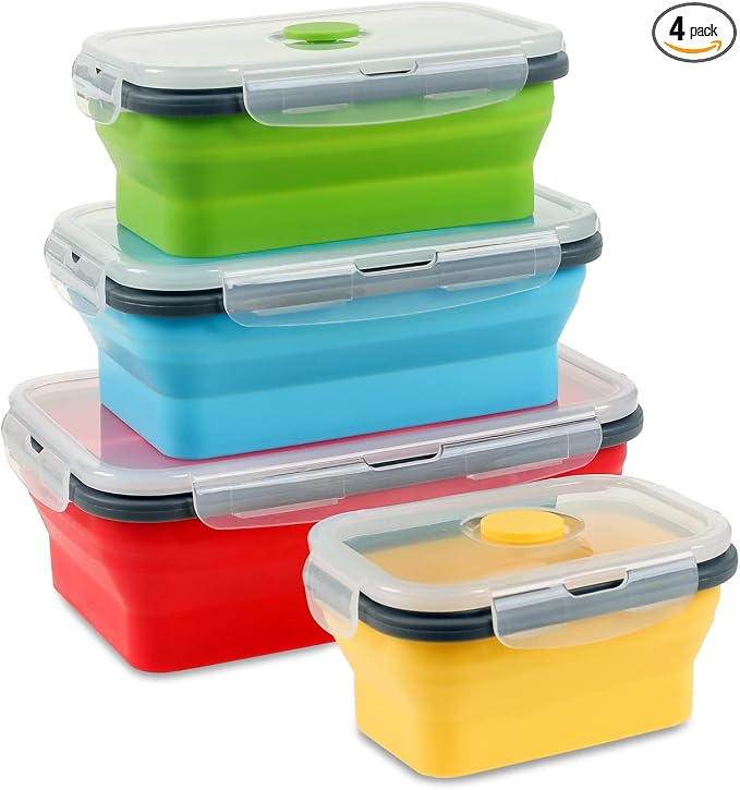 Collapsible Food Storage Containers with Airtight Lid, 4 Sizes, Annaklin Small and Large Stacking Silicone Collapsible Meal Prep Container Set for Leftover, Microwave Freezer Dishwasher Safe, Set of 4 by Annaklin