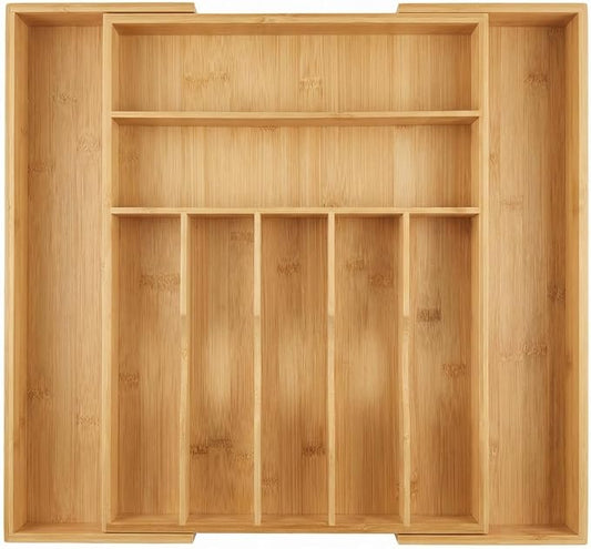 Expandable Bamboo Silverware Drawer Organizer – Adjustable 21" Wide Wooden Utensil Tray with 9-Compartments, Large Kitchen Flatware & Spoon Holder, Natural Solid Wood for Drawers by GAMYPET