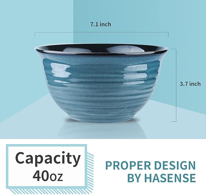 HASENSE Soup Bowls for Kitchen, 40 Ounce Large Cereal Bowls, 7 Inch Ceramic Serving Bowls for Salad Pasta Soup Popcorn, Dishwasher & Microwave Safe, Set of 4(Blue) - Image 3