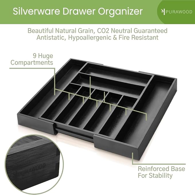 Purawood Bamboo Drawer Organizer - Expandable Silverware Organizer & Utensil Organizer, Cutlery Tray with Dividers, 7-9 Slots - Premium Kitchen Drawer Organizer for Utensils & Flatware (Black) - Image 3