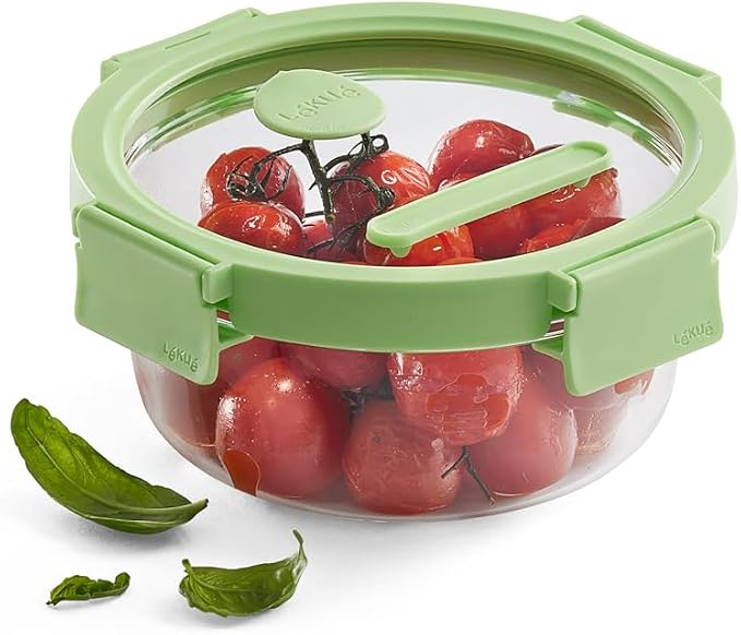 Lékué Round Glass Food Container with Airtight Lid & Steam Valve - 22oz - Borosilicate Glass & 100% Platinum Silicone Lidded Dish for Storage and Cooking - Microwave, Freezer & Dishwasher Safe - Image 2