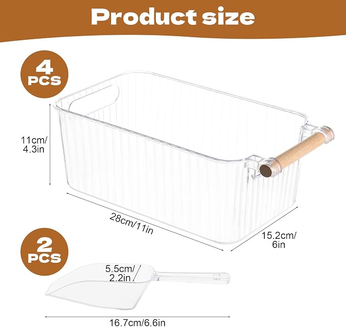 CIEOVO 4 Piece Ice Bin and 2 Flexible Scoop Set Plastic Freezer Ice Bin with Handle Clear Storage Bucket for Container with Bucket Scoop Kitchen Fridge - Image 2