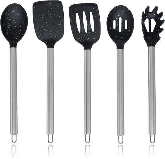 COOK WITH COLOR Silicone Cooking Utensils, Kitchen Utensil Set, Easy to Clean Silicone Kitchen Utensils, Cooking Utensils for Nonstick Cookware, Kitchen Gadgets Set, 5 Pieces, Speckled Black by CookwithColor