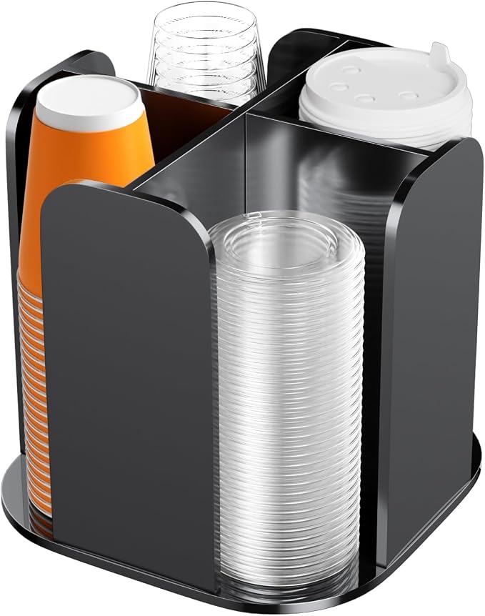 Beego Coffee Cup Holder Organizer - Rotatable 4 Compartments Black Acrylic Cup Dispenser Station With Lid Carousel - Countertop Plastic Cup Holder for Restaurant Breakroom Bar Accessories by beegoofficial