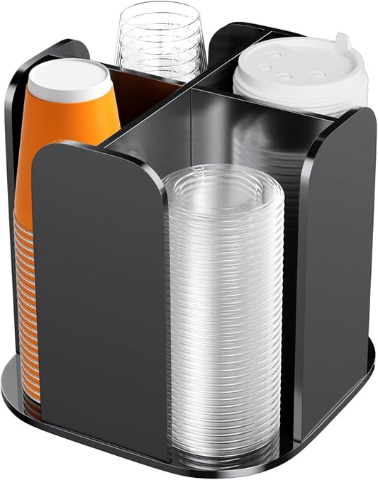 Beego Coffee Cup Holder Organizer - Rotatable 4 Compartments Black Acrylic Cup Dispenser Station With Lid Carousel - Countertop Plastic Cup Holder for Restaurant Breakroom Bar Accessories by beegoofficial