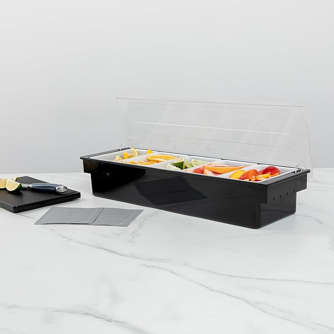 Restaurantware Bar Lux 19.6 x 6.3 x 3.7 Inch Condiment Caddy 1 Durable Bar Caddy - 5 Removable Compartments Built-In Lid Black Plastic Condiment Holder For Restaurant Store Cocktail Garnish - Image 4