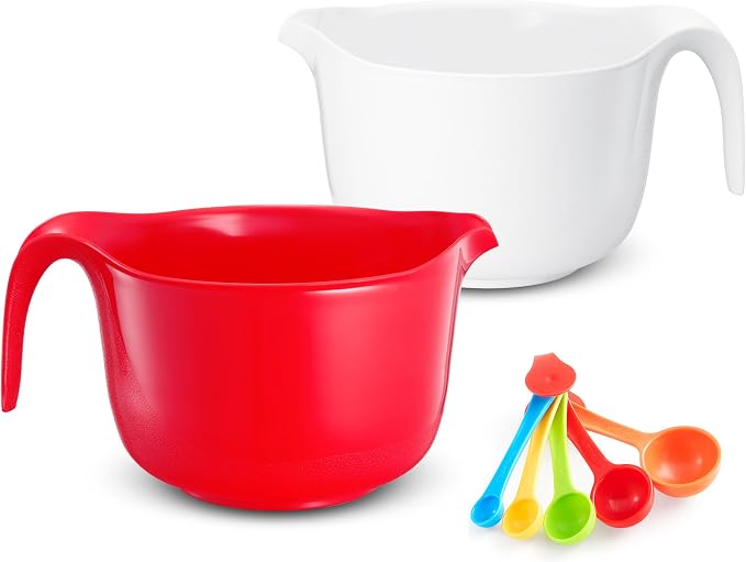 Large Mixing Bowls with Handles 3.6 qt - 2 Pc Plastic Nesting Bowls for Kitchen, Lightweight Batter Bowls, Easy to Clean + 5 Measuring Spoons Set by OsnellUSA-ClickBuyEnjoy