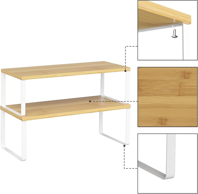 NEX Kitchen Cabinet and Counter Shelf Organizer, Stackable & Expandable, Set of 4, White and Natural - 7.7 x 15.6 x 6.2'' | Stackable Expandable Spice Rack, Space-Saving Pantry Organizers Bathroom Countertop Storage, White and Natural - Image 5