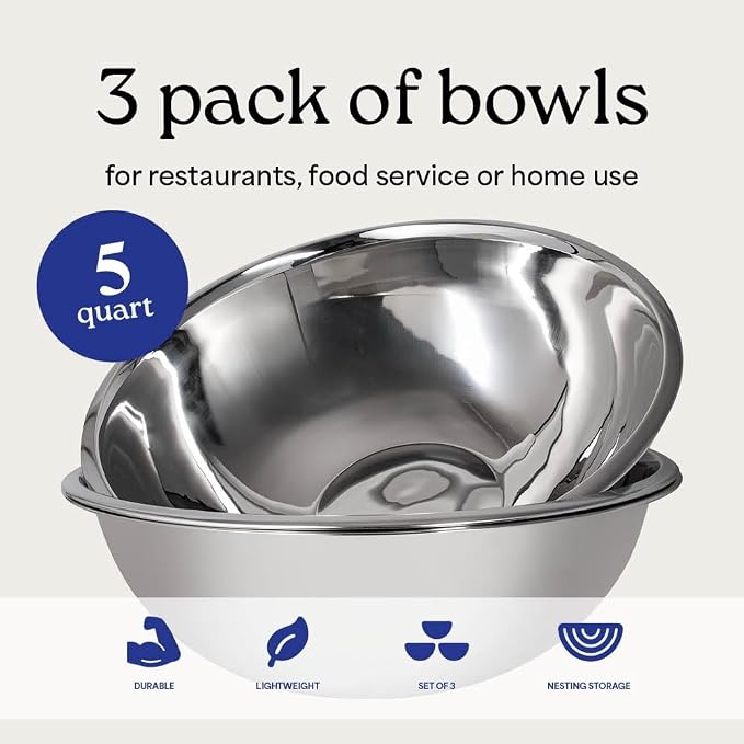5 Quart Large Stainless Steel Mixing Bowls Set, 3-Pack, Nesting Bowls | Extra Large Commercial Grade Metal Bowls for Meal Prep, Baking, Serving, Food Storage. Rustproof & Dishwasher Safe - Image 4
