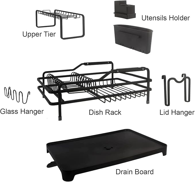 GMT-10353-A Black Aluminum Dish Drying Rack with Utensil Holder - 2 Tier Kitchen Countertop Rust Proof Dish Rack and Drainboard Set - Large Dish Organizer Rack - Image 3