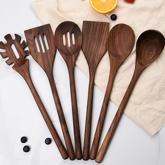6 Pcs Black Walnut Kitchen Utensils Set,Handmade Natural Walnut Cooking Tools for Non-stick Serve Cookware with soup ladle Spatula Slotted Spatula Solid Spoon Slotted Spoon Spaghetti Server by FiunkesLightFixture