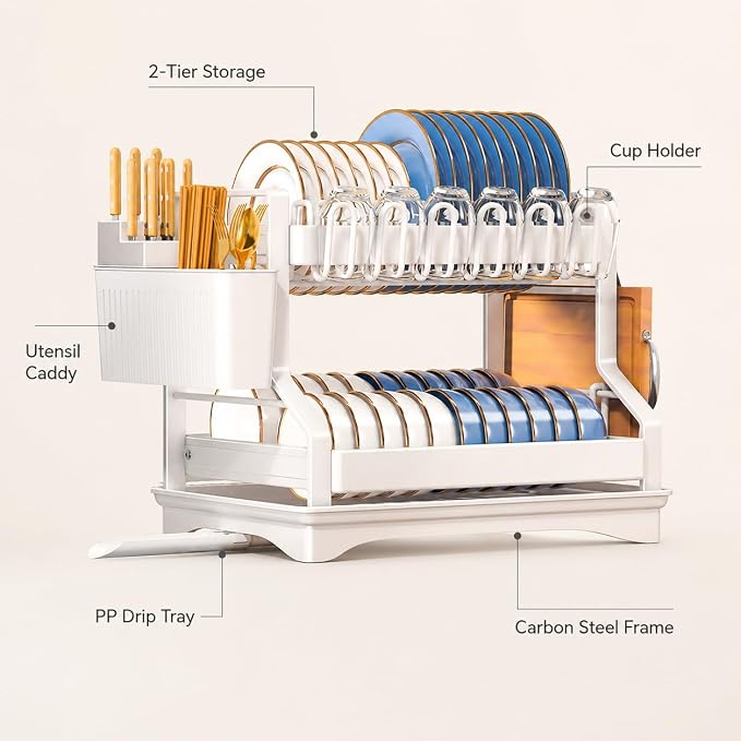 Fandian Dish Drying Rack 2 Tier White Dish Racks for Kitchen Counter and Sink, Large Dish Drying Rack with Drainboard & Utensil Holders Stainless Steel Dish Drainers Kitchen Organization and Storage - Image 2