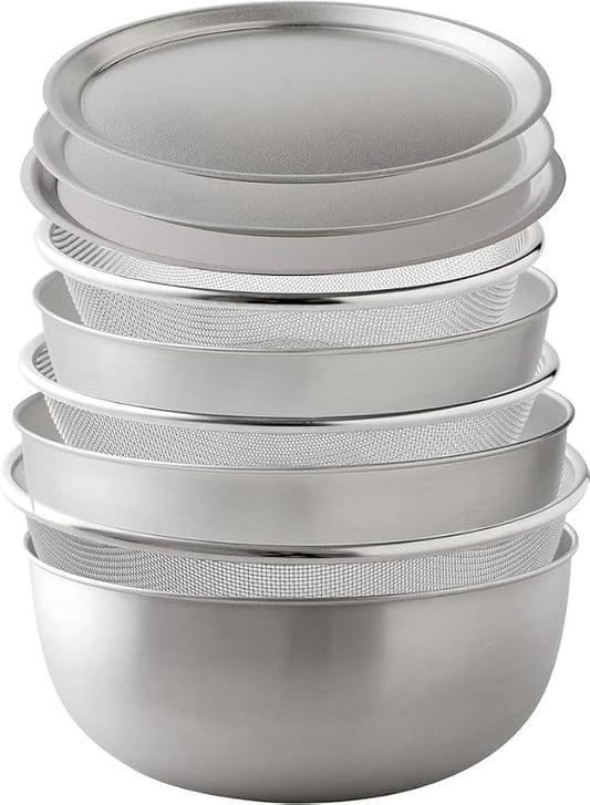 Ernest A-0078041 Bowl, Colander and Plate Set, 9-piece Set, 7.1/8.3/9.4 inches (18/21/24 cm), Scratch Resistant (Made in Special Processing Stainless Steel "New Galaxy"), 18-8 Stainless Steel, by Arnest