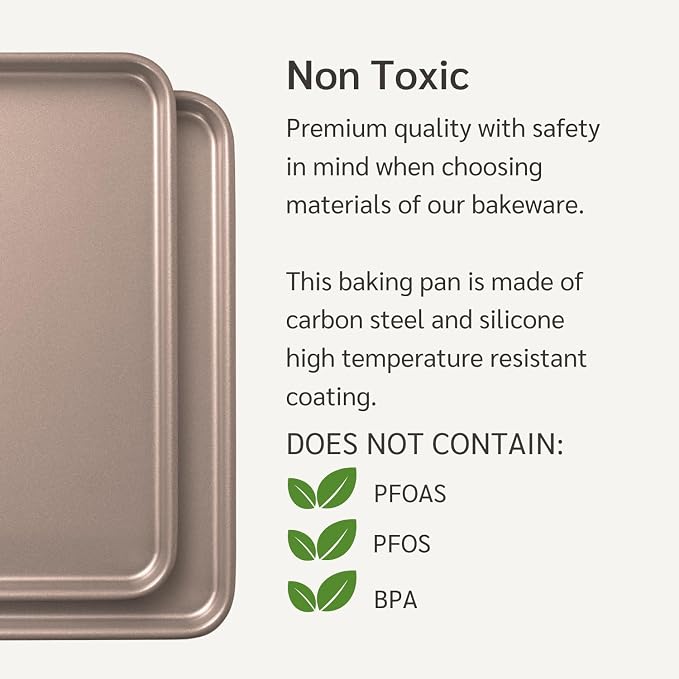 9 x 13 inch Nonstick Quarter Sheet Pan 2-Pack, PFOA & BPA Free | | Non-Toxic - High Carbon Steel - Gold - Cookie Baking Sheets for Oven - Image 7