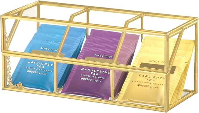 NCYP Glass Tea Bags Organizer with Lid, Small 3 Slots Teabag Storage Box, Indoor Counter Teabag Display Case, Kitchen Cabinet Gold Decor, 8.7 x 3.6 x 3.66 Inches (Glass Box Only) by NCYP