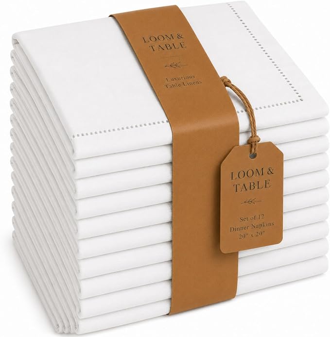 Hotel White Napkins by Loom & Table - Set of 12, Hemstitch Finish, Elegant, Wrinkle-Resistant, Machine Washable – Luxury Napkin for Dining Room, Weddings, Dinner Parties, Holidays, Birthdays - 20 x 20 by LoomandTable