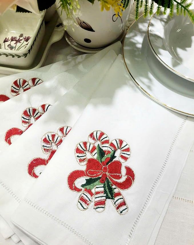 Embroidered Cloth Napkin – Red Candy Cane Christmas Cotton Napkins, Set of 6, 20x20 Hemstitch Table Napkin – Machine Washable – Ideal for Daily Use, Giving - Image 4