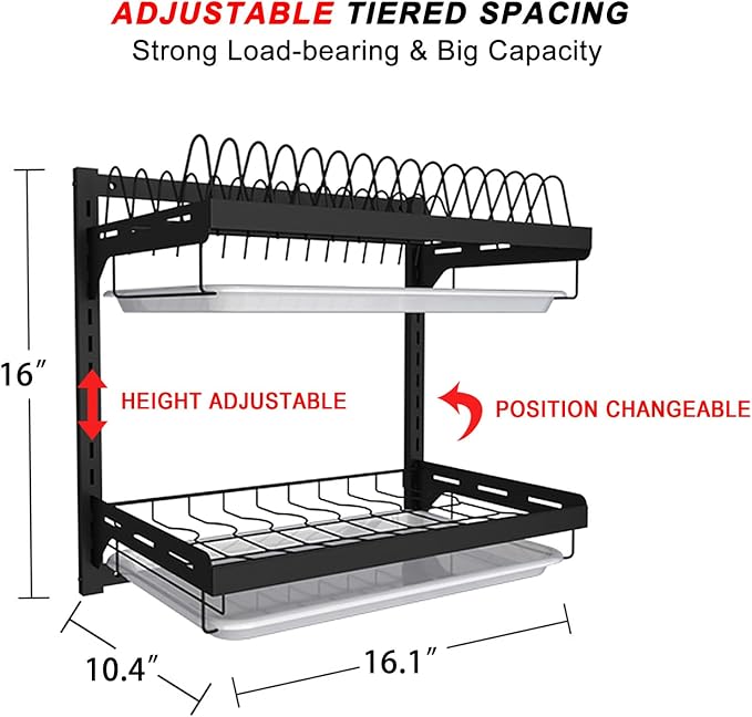 Hanging Dish Drying Rack, Wall Mounted Dish Rack Kitchen, 2 Tier Plate Organizer Wall Mount, Stainless Steel Dish Drainer Storage Shelf with Drainboard, Cutlery Holder, Black, Ajustable Height ( 16" ) - Image 4