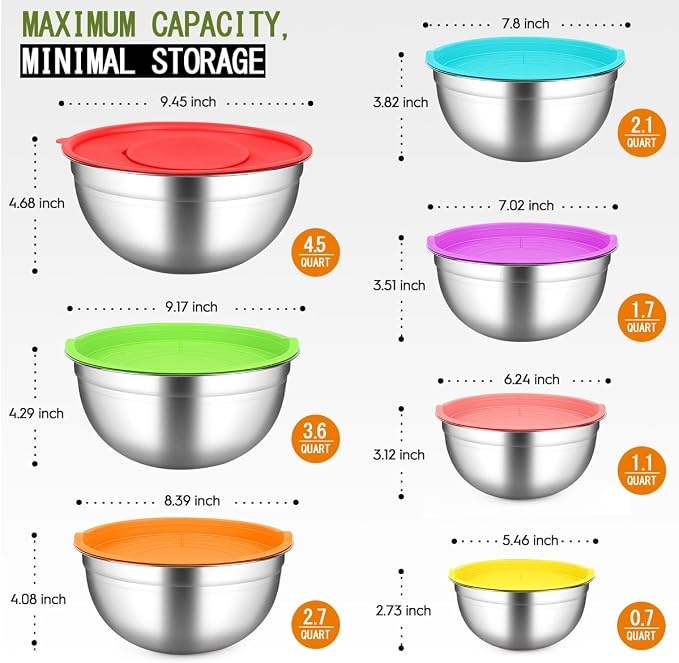 JUJOJB Mixing Bowls With Lids Set,Stainless Steel Mixing Bowls Set With 3 Grater,Metal Nesting Bowls For Kitchen Baking Refrigerator Meal Prep Food Organizer,7 Size(Multicolor) - Image 2