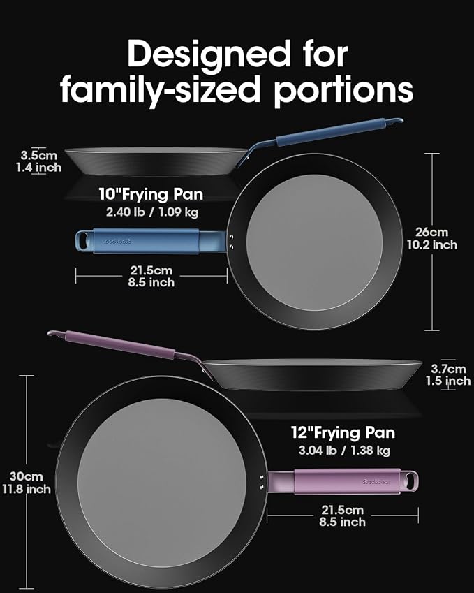Carbon Steel Frying Pan Set, 10 & 12 Inch Nitrided Skillets | Multiple Cooking Sizes with Natural Patina Development; Ideal for Daily Cooking & High-heat Recipes - Image 2