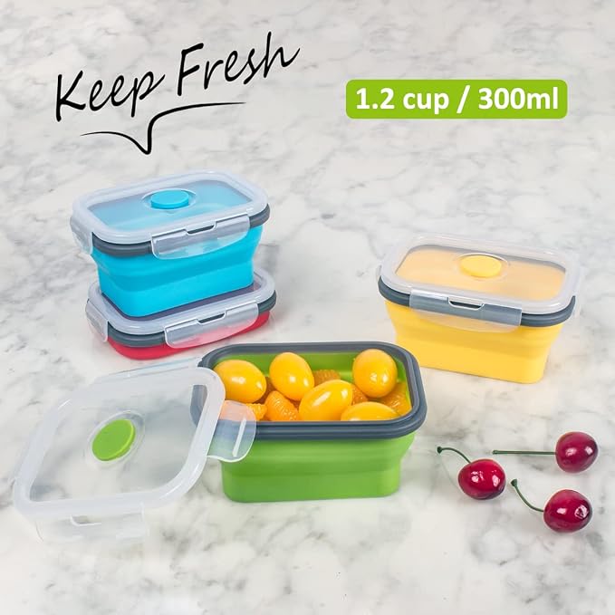 Collapsible Food Storage Containers with Airtight Lid, 11.8 oz, Small Kitchen Stacking Silicone Collapsible Meal Prep Container Set for Leftover, Microwave Freezer Dishwasher Safe, 4 Colors, Set of 4 - Image 8