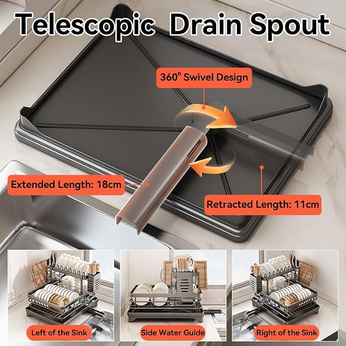 2-Tier 304 Stainless Steel Dish Drying Rack for Kitchen Counter, Gray | Dish rack separates plates, bowls, cups and utensils, while side drainage directs water toward the sink. - Image 4