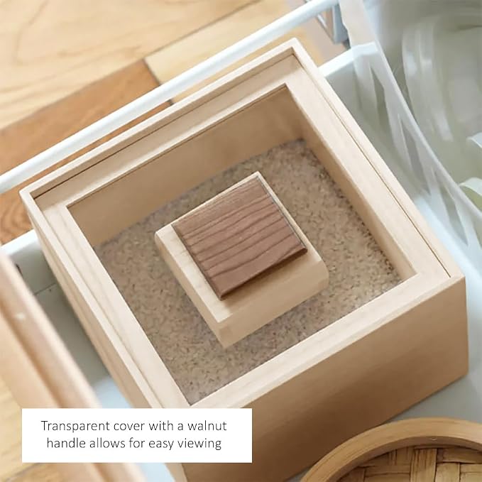 Wooden Rice Storage Container with Lid and Measuring Cup, 13lbs (5.8kg) - Grains, Beans and Dry Food, Kiri, Paulownia Wood - Image 4