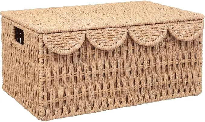 Wicker Basket with Scalloped Edge Lid, Water Hyacinth Storage Basket with Built-in Handles, Handwoven Wicker Box for Living Room, 15" L x 11 ¼" W x 7" H (Paper Rope) by AKAGI