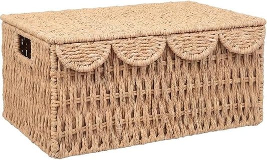 Wicker Basket with Scalloped Edge Lid, Water Hyacinth Storage Basket with Built-in Handles, Handwoven Wicker Box for Living Room, 15" L x 11 ¼" W x 7" H (Paper Rope) by AKAGI