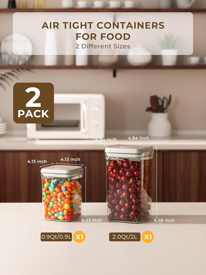 Airtight Food Storage Containers, 2.0 Qt & 0.9 Qt, One-Touch Pantry Set | Clear Stackable Pantry Canisters for Coffee Stations, Breakfast Corners, Baking Areas and Everyday Dry Food Organization - Image 4
