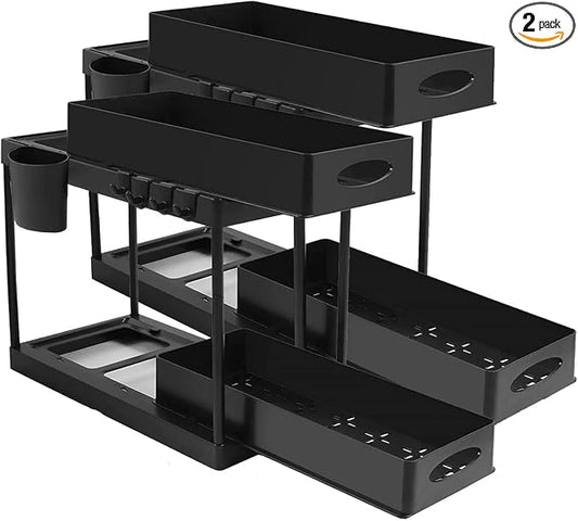 Double Sliding Cabinet Basket Organizer Drawers, 2 Tier Slide Out Under Sink Organizers Storage Under Cabinet Bathroom Organizer with Hooks & Hanging Cup for Kitchen Countertop (Black,2Pack) by Ygapuzi
