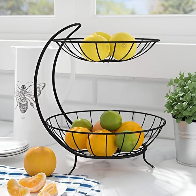 2-TierFruit & Vegetable Basket for Dining Table, Centre Table I Metal Fruit Bowl or Bread Basket Vegetables Storage Organizer Holder I Multi-Purpose Basket for Kitchen & Home, Black - Image 2