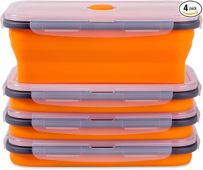 Collapsible Food Storage Containers with Airtight Lid & Vent, 40.5 oz, Kitchen Stacking Silicone Collapsible Meal Prep Container Set for Leftover, Microwave Freezer Dishwasher Safe, Orange, Set of 4 by Annaklin