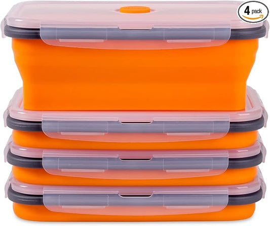 Collapsible Food Storage Containers with Airtight Lid & Vent, 40.5 oz, Kitchen Stacking Silicone Collapsible Meal Prep Container Set for Leftover, Microwave Freezer Dishwasher Safe, Orange, Set of 4 by Annaklin
